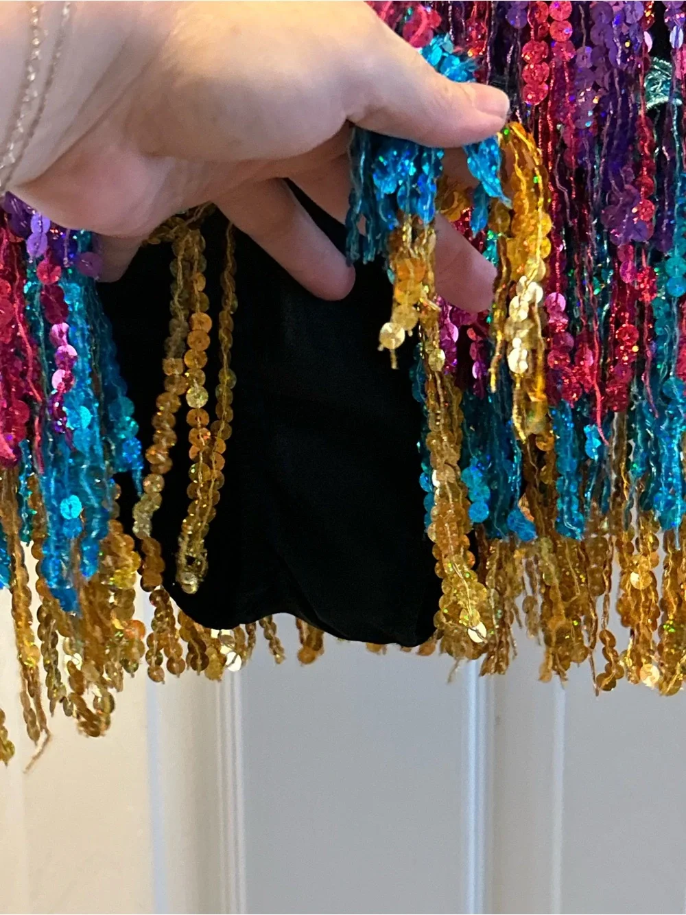 Multicolor Sequin Fringe Kids One-Piece Bodysuit with Gold Trim